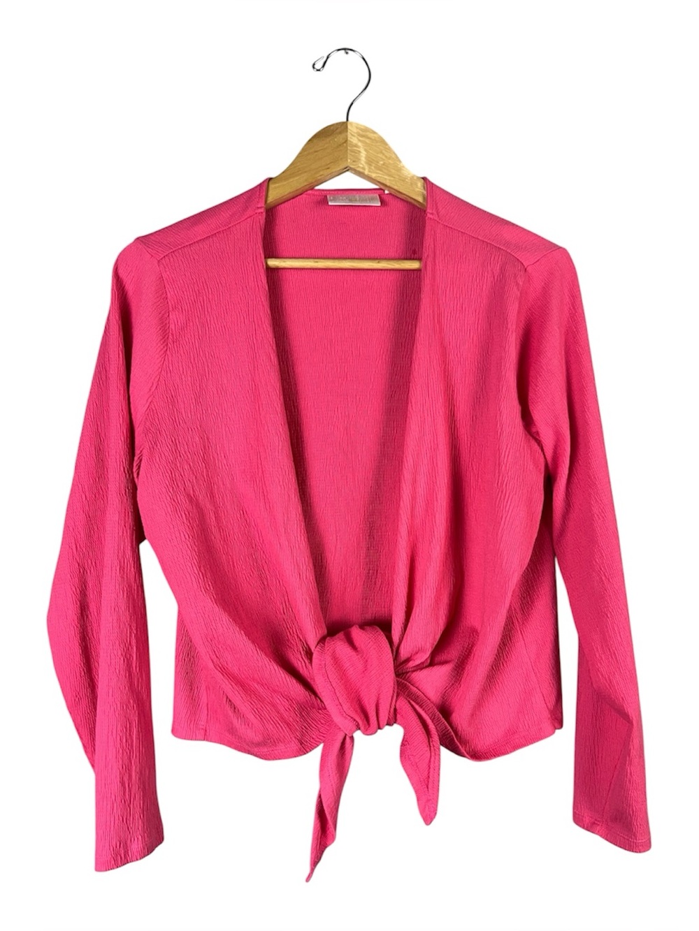 Hot Pink Textured Front Tie Cropped Cardigan Long Sleeve Shrug Jacket Size M/L